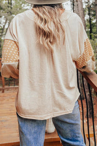 Polka Dot Puff Sleeve Patchwork V Neck Loose Blouse