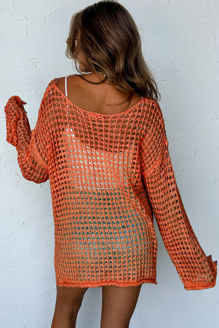 Open Knit Crochet Bell Sleeve Tunic Sweater