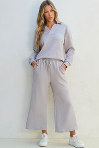 Collared V Neck Top Wide Leg Pants Set