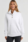 White Ribbed Hem Snap Button Neckline Sweatshirt with Pocket