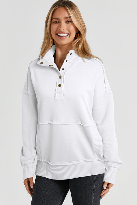 White Ribbed Hem Snap Button Neckline Sweatshirt with Pocket