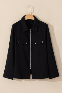 Collar Tab Sleeve Zip Up Flap Detail Jacket