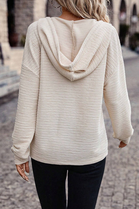 Solid Textured Drawstring Henley Hoodie