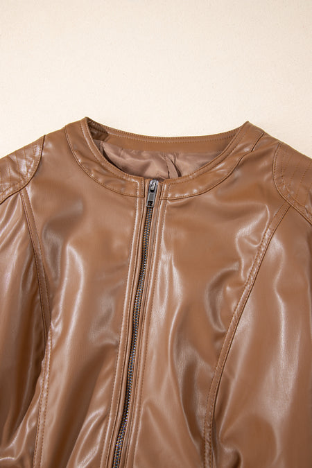 Faux Leather Zipper Slim Fit Bomber Jacket