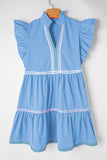 Beau Blue Ric Rac Colorblock Flutter Sleeve V Neck Tiered Dress