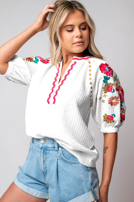 Floral Embroidered Ricrac Puff Sleeve Textured Blouse