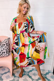 Square Neck Smocked Abstract Print Boho Maxi Dress