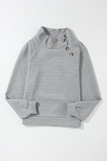 Asymmetric Buttons Detail High Neck Textured Sweatshirt