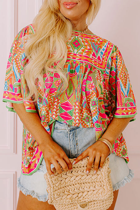 Fashion Printed Wide Sleeve Plus Size Blouse