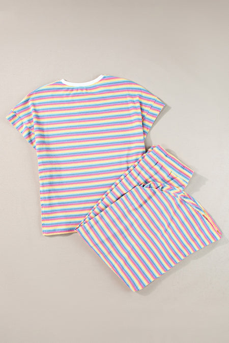 Stripe Rainbow Tee Tasseled String Wide Leg Pants Set