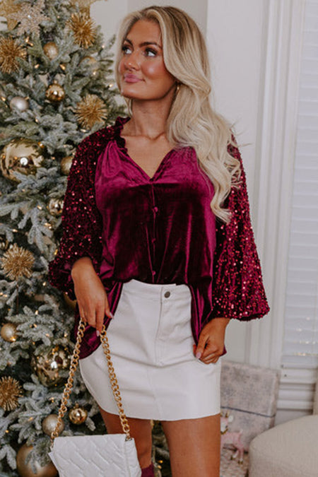 Sequin Patchwork Sleeve Button Up Velvet Top