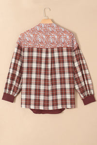 Floral Plaid Mixed Print Bishop Sleeve Patchwork Top