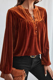 Lantern Sleeve Beaded Split V Neck Velvet Top