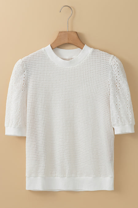 Broderie Anglaise Puff Sleeve Waffle Knit Tee