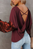 Sequin Patchwork Sleeve Open Back Waffle Knit Top