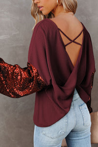 Sequin Patchwork Sleeve Open Back Waffle Knit Top