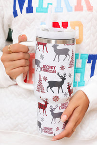 Merry Christmas Tree Snowflake Elk Print Handle Tumbler