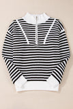 Stripe Zip up Collar Drop Shoulder Sweater