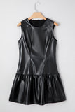 PU Leather Ruffle Hem Sleeveless Mini Dress