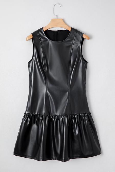 PU Leather Ruffle Hem Sleeveless Mini Dress