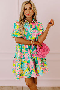 Floral Puff Sleeve Collar Buttoned Babydoll Dress