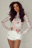 Floral Long Sleeve High Neck Sheath Mesh Blouse