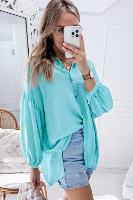 Solid Puff Sleeve Loose Fit Buttoned Shirt