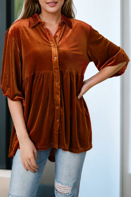 Chestnut 3/4 Sleeve Tunic Babydoll Velvet Shirt