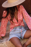 Bubble Sleeve Floral Shirt with Lace up