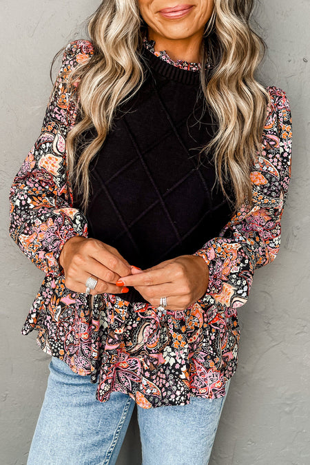 Contrast Floral Sleeve Peplum Sweater