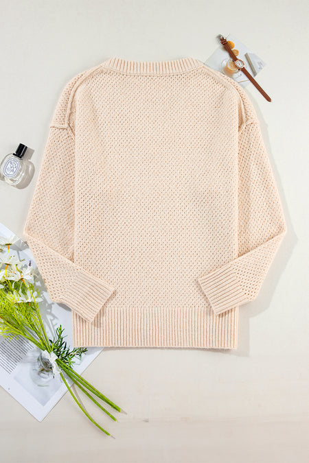 Loose Eyelet V Neck Drop Shoulder Sweater