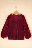 Sequin Patchwork Sleeve Button Up Velvet Top