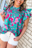 Floral Ruffled Flutter Sleeve Ruched Blouse