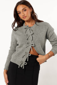 Ribbed Knit Bow Front Buttoned Cardigan