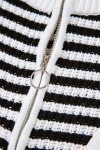 Stripe Zip up Collar Drop Shoulder Sweater