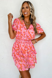 Floral V Neck Short Ruffle Tiered Dress