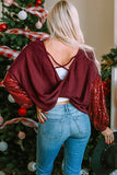 Sequin Patchwork Sleeve Open Back Waffle Knit Top