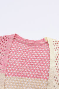 Ribbed Short Sleeve Ombre Eyelet Knitted Cardigan