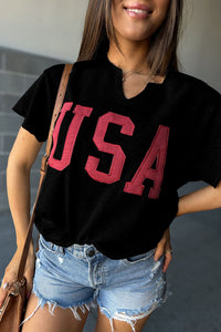 USA Lettering Patch Notched Neck Loose Tee
