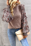 Pale Chestnut Ruffle Tiered Floral Sleeve Crew Neck Blouse