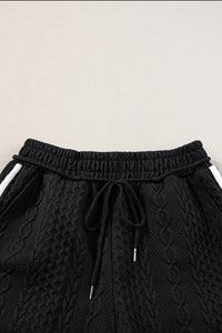 Black Contrast Trim Cable Textured Shorts Set