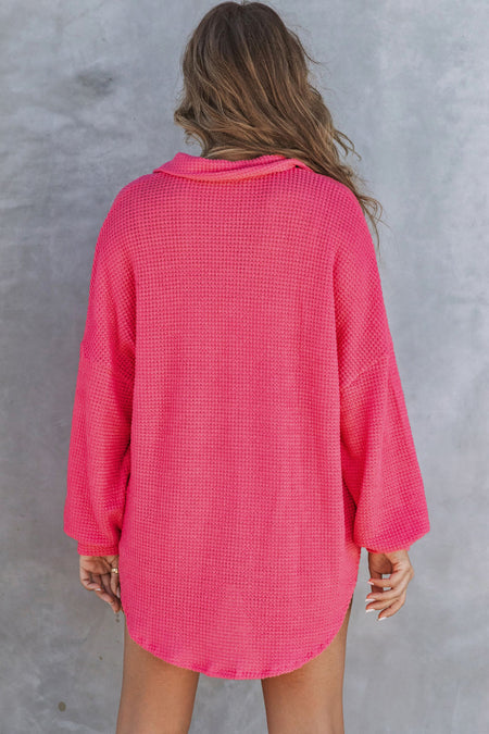 Pink Waffle Knit Button Up Casual Shirt