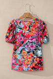 Multicolour Floral Print Ruffle Trim Bubble Sleeve Split Neck Blouse