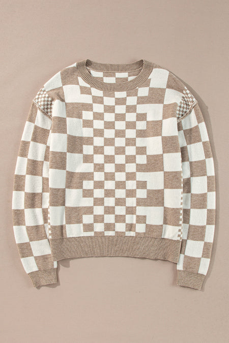 Checkered Drop Shoulder Round Neck Sweater