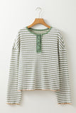 Stripe Textured Frilly Trim Buttons Henley Long Sleeve Top