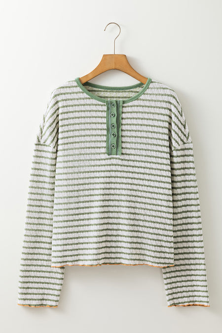 Stripe Textured Frilly Trim Buttons Henley Long Sleeve Top