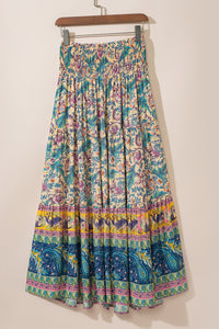 Sky Blue Boho Floral & Paisley Print Shirred Waist Long Skirt