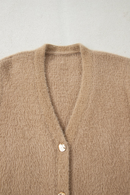 Fuzzy Buttoned Front Midi Solid Cardigan