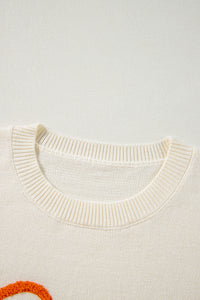 Boo Knitted Pattern Ribbed Edge Drop Shoulder Sweater