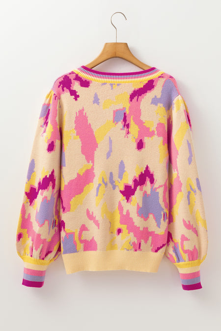 Abstract Print Colorblock Balloon Sleeve Sweater